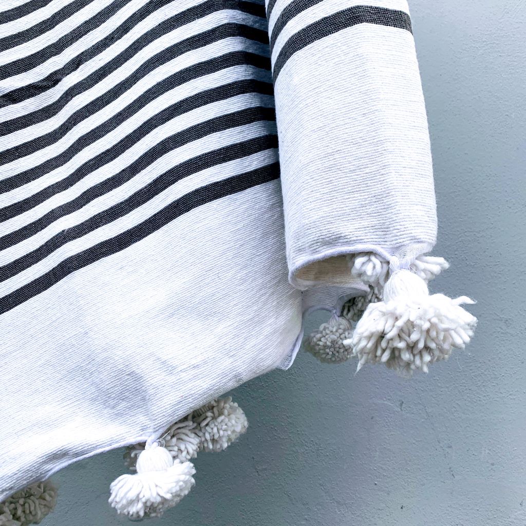 Luxe Pom Pom Blanket- B&amp;W stripes- white pom poms- cotton