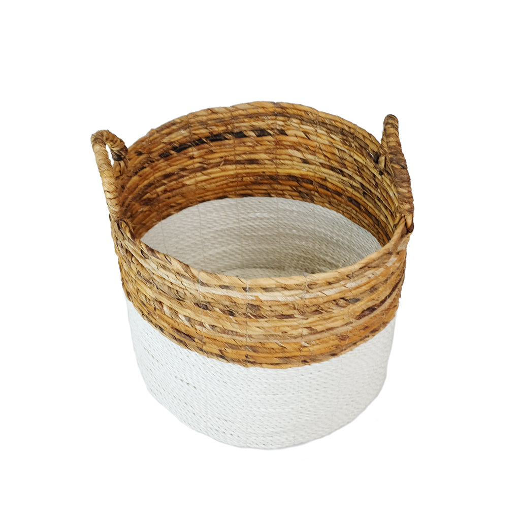 Banana leaf basket- white painted base, natural top and handles