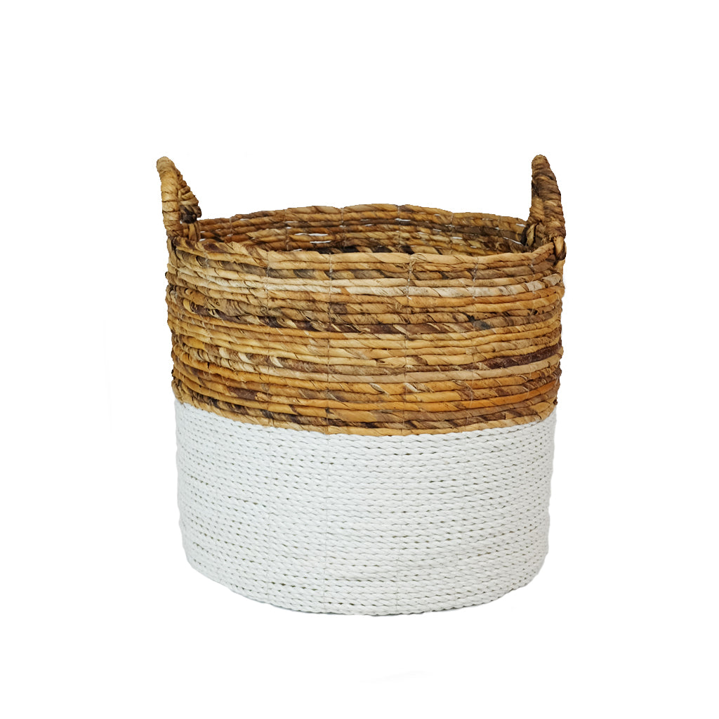 Banana leaf basket- white painted base, natural top and handles