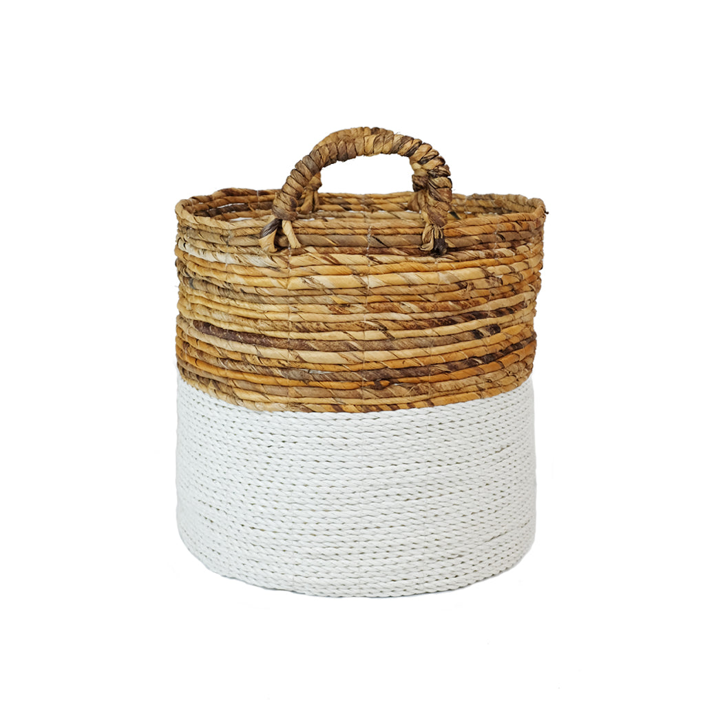 Banana leaf basket- white painted base, natural top and handles