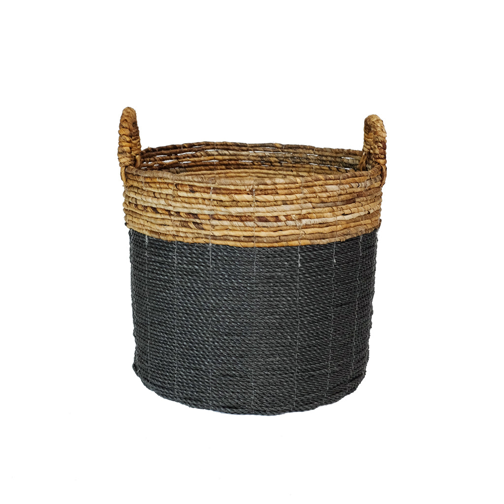 Banana Leaf &amp; Seagrass Basket- Black Base &amp; Brown top