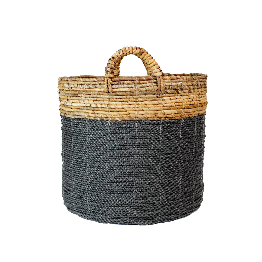 Banana Leaf &amp; Seagrass Basket- Black Base &amp; Brown top