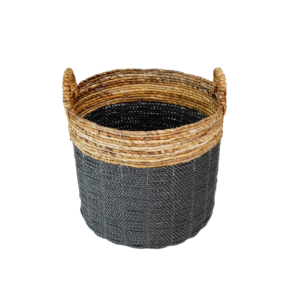 Banana Leaf &amp; Seagrass Basket- Black Base &amp; Brown top