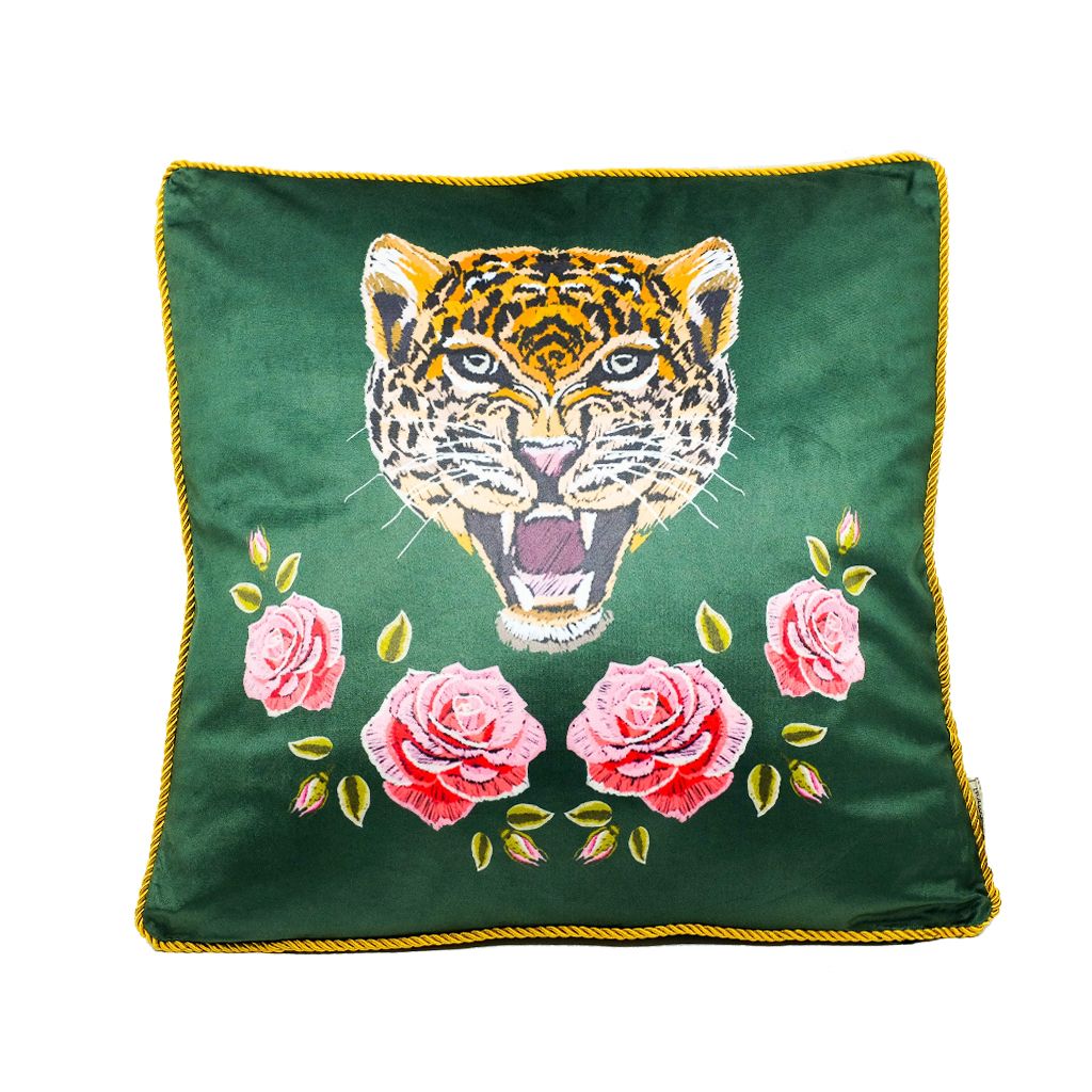 Green Velvet Leopard Cushion